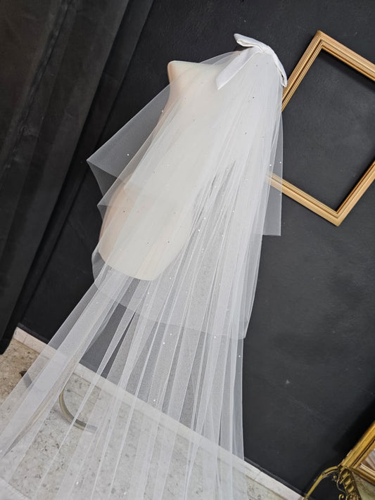 Anticipo Velo de Novia Largo Velado con Moño y cristales | Hecho a Mano por Cecy M.