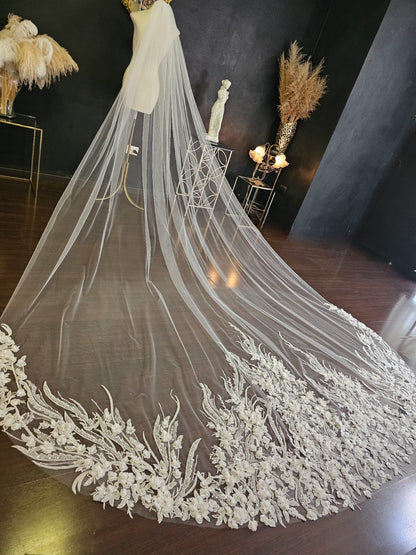 Anticipo Velo de Novia con bordado de flores 3d | Corte Tradicional  | Longitud Catedral $5,880 mxn